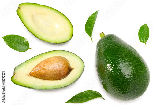 fresh avocado with slices isolated on white background. top view. clipping path