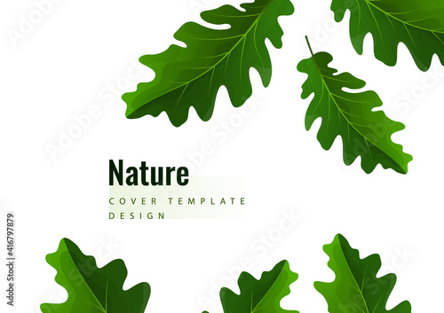 Creative green oak leaves on a light background. Template for your design. Vector