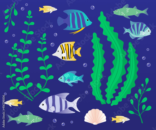 Set of colorful ocean fishes with seaweed and bubbles