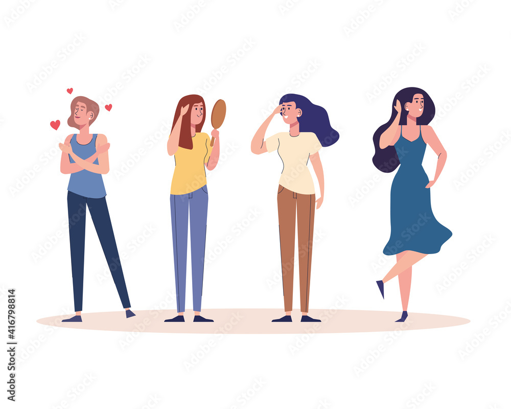 Obraz premium group of four beautiful girls characters vector illustration design