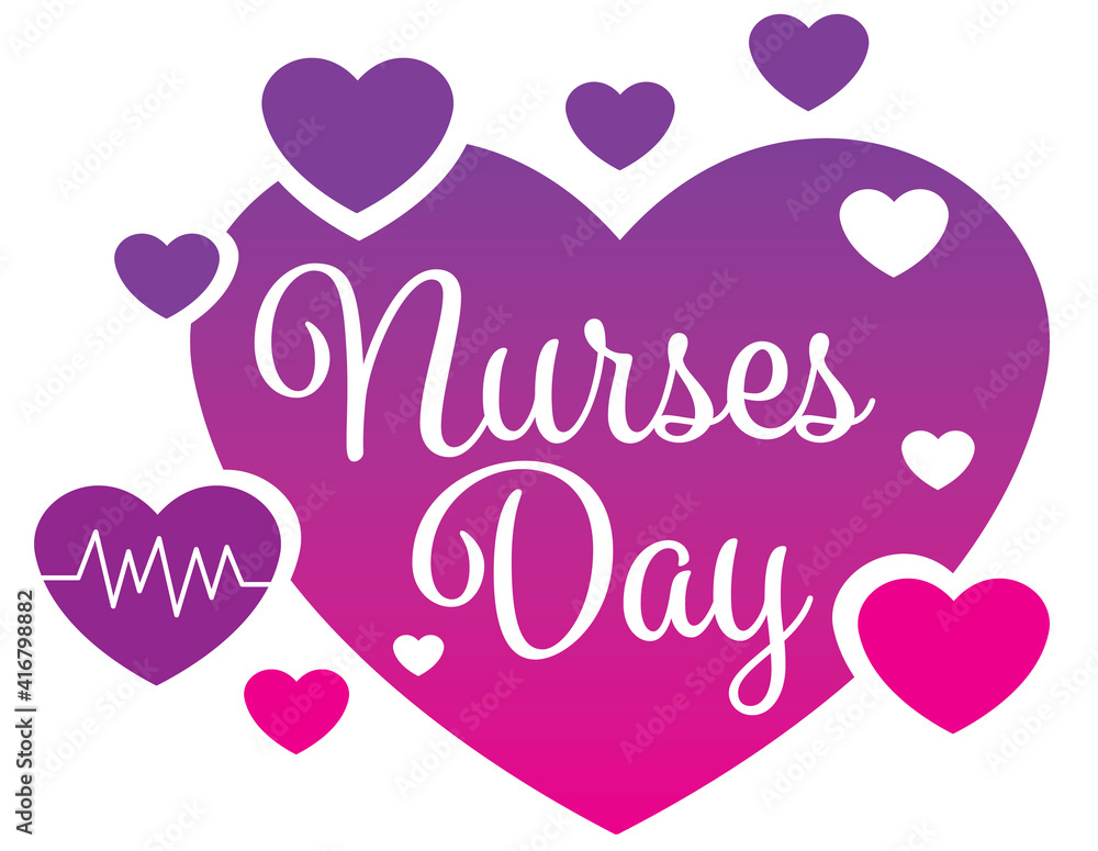 Nurses Day in graduated pink and purple hear with surrounding hearts Nurses Day in graduated pink and purple hear with surrounding hearts