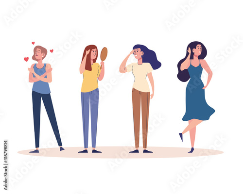 group of four beautiful girls characters vector illustration design