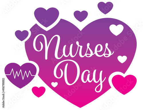 Nurses Day in graduated pink and purple hear with surrounding hearts
