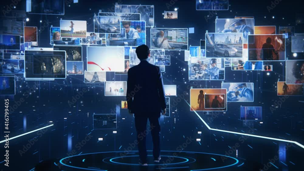 Virtual Reality Internet Interface Concept: Asian Businessman Uses Smartphone in 3D Cyberspace: Browses Through Websites, Watches Video Streaming Services, uses Social Media, does e-Commerce