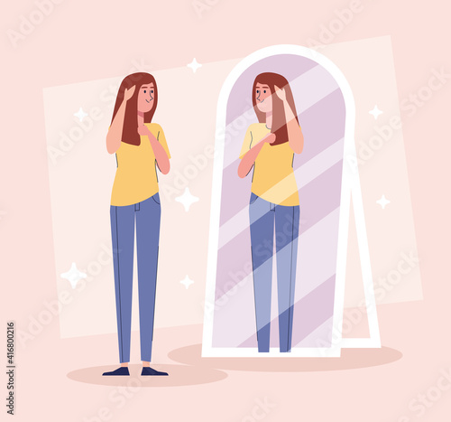 beautiful sexy girl standing looking in the mirror vector illustration design