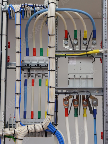 The reverse side of the electric panel for Smart Home apartments.Obata side of the electrical panel and wiring photo