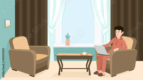 A man is sitting on a armchair in the room. Home comfort with a laptop and a cup of coffee. Vector illustration for animation. Editable strokes. All the details are on separate layers.
