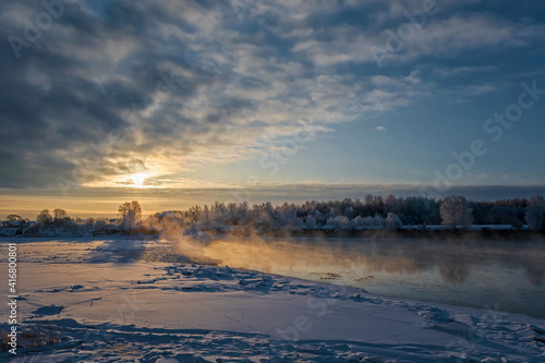Winter morning on the Velikaya River  Pskov region  Russia