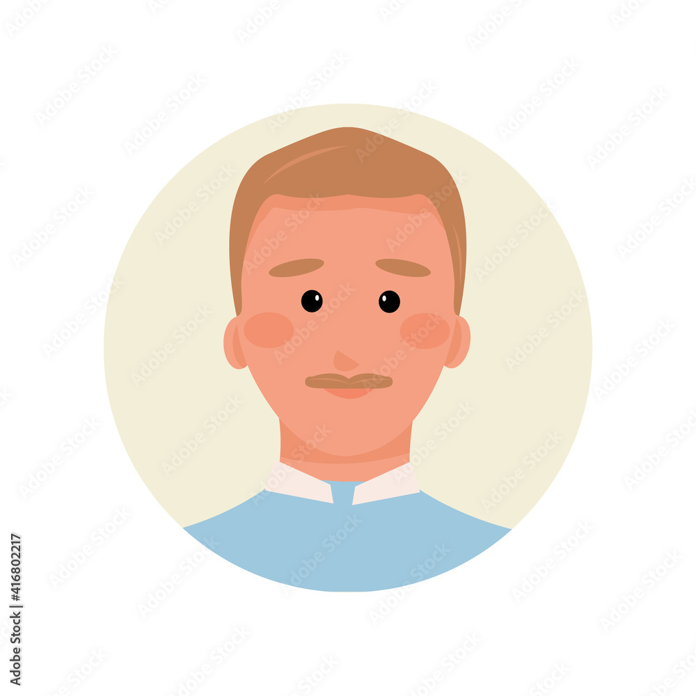  Avatar man mustachioed blond in a blue pullover and shirt. Icon for forums, chat bots, support. Vector illustration.