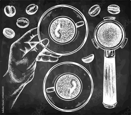 Sketch hand drawn set of hand holding a cup of coffee, espresso, coffee beans, portafilter, filter holders isolated on chalkboard. Blackboard, hot drink, retro background. Vector illustration