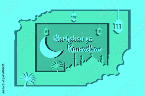 Islamic themed illustration vector with the words "Marhaban ya Ramadhan"