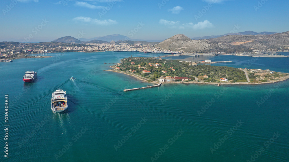 Aerial drone photo of small island of Agios Georgios next to Ferry port of Paloukia, Salamina island, Attica, Greece