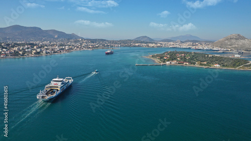 Aerial drone photo of small island of Agios Georgios next to Ferry port of Paloukia, Salamina island, Attica, Greece