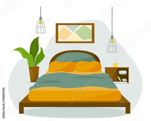Vector cartoon illustration of a cozy modern bedroom. Double bed, bedside table, books, clock and flower. Bright colors. The concept of an apartment with furniture.