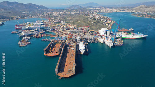 Aerial drone photo of industrial shipyard in old port of Salamina island, Attica, Greece