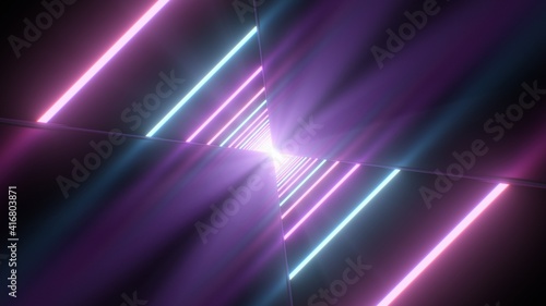 Fototapeta Naklejka Na Ścianę i Meble -  Ultraviolet Retro Neon Laser Beam Diagonal Line Reflections 3D Tunnel - Abstract Background Texture