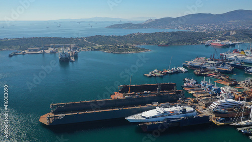 Aerial drone photo of industrial shipyard in old port of Salamina island, Attica, Greece