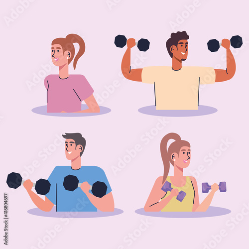 group of athletes lifting dumbells stronge characters vector illustration design photo