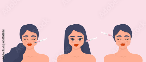 Lip fillers, hyaluronic acid. Collection of girls in beauty industry.