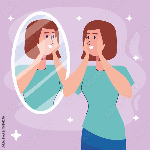 beautiful sexy girl looking in the mirror with green blouse vector illustration design