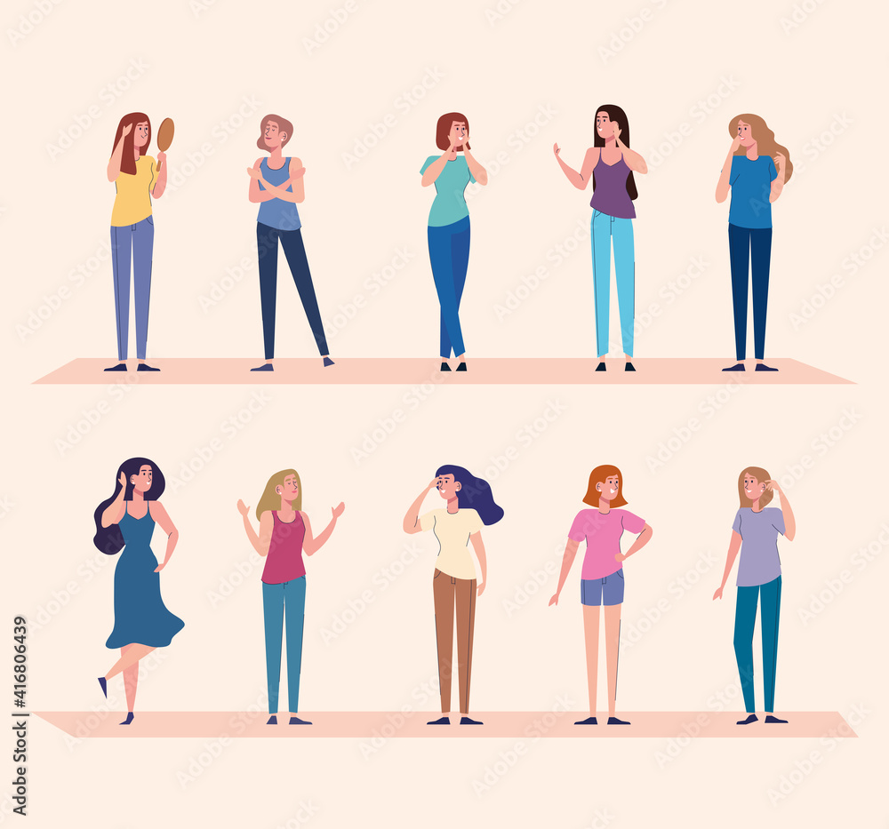 Obraz premium group of ten beautiful girls characters vector illustration design