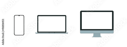 Smartphone, laptop, desktop personal computer mockup with blank screen. Place for ad on display of phone, notebook, PC. Chroma key, copy space on devices. Design elements.  Modern gadgets.