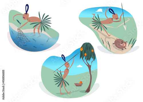 Tribal person flat spot illustrations vector set. Native person hunting, fishing, and gathering fruits (ID: 416806688)