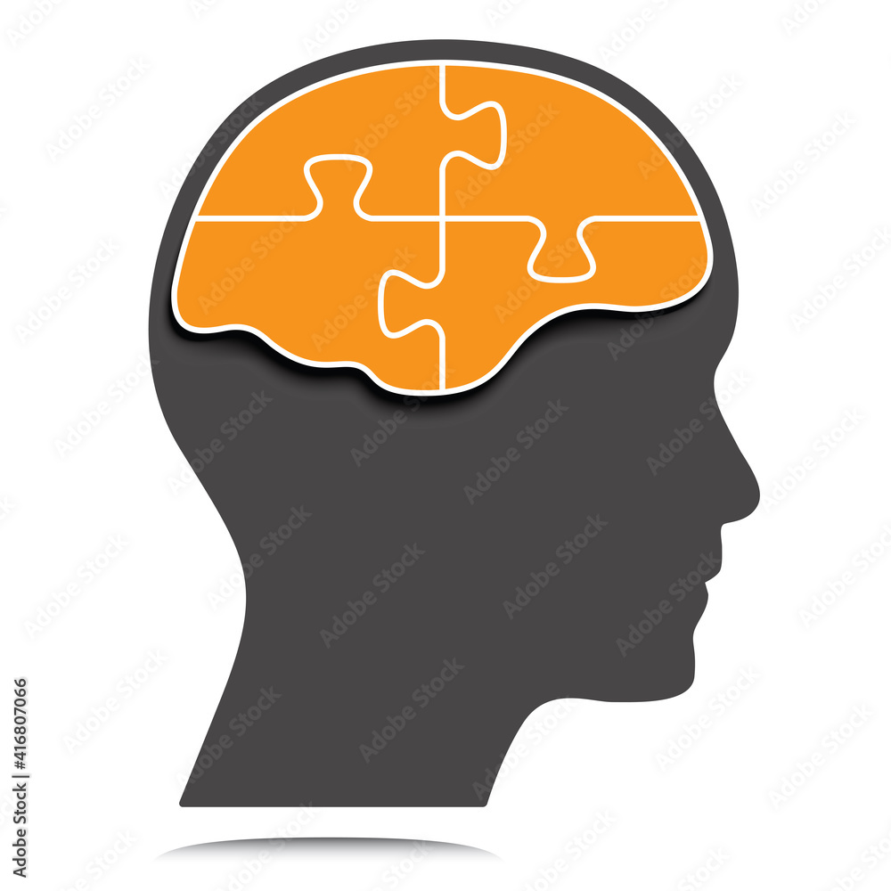 Human profile with puzzle shaped brain. Brainstorm concept vector design with head and brain. Human profile with puzzle shaped brain. Brainstorm concept vector design with head and brain.