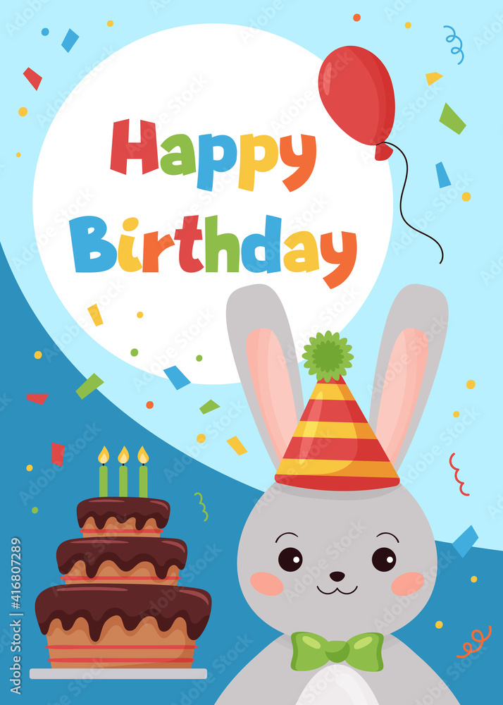Vector Birthday greeting card with cute cartoon rabbit, balloon and cake. Forest animals for children.