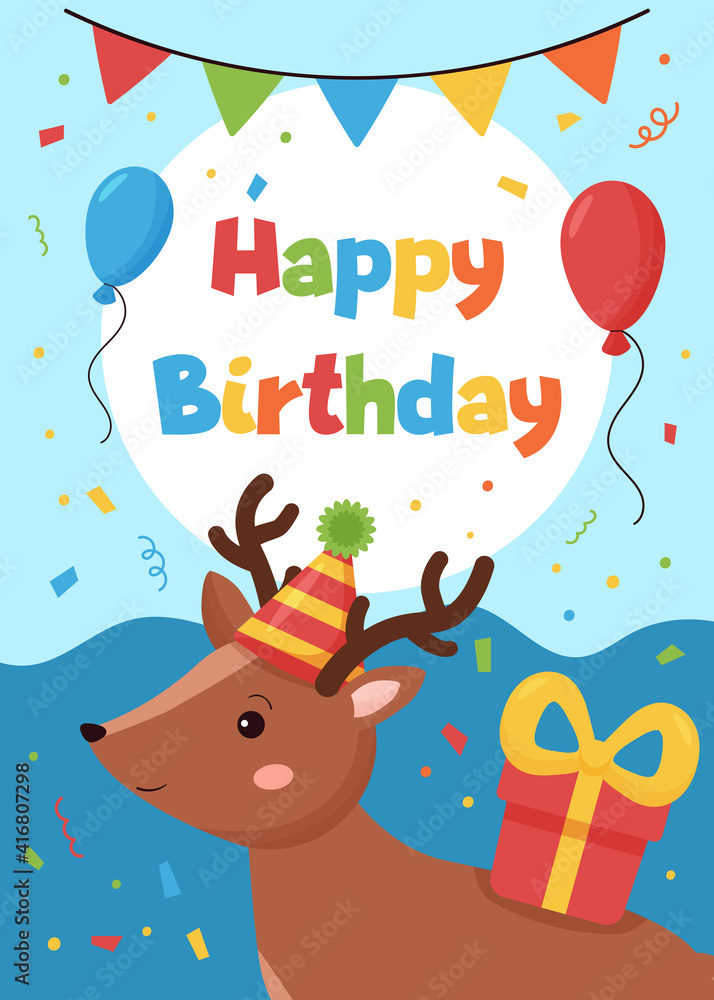 Fototapeta premium Happy Birthday greeting card with cute cartoon deer. Forest animals. Vector illustration.