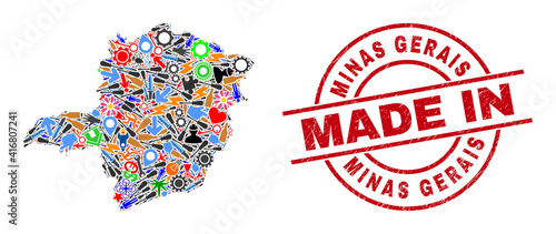 Engineering mosaic Minas Gerais State map and MADE IN grunge stamp. Minas Gerais State map mosaic formed with spanners, wheels, instruments, air planes, cars, electric bolts, details.