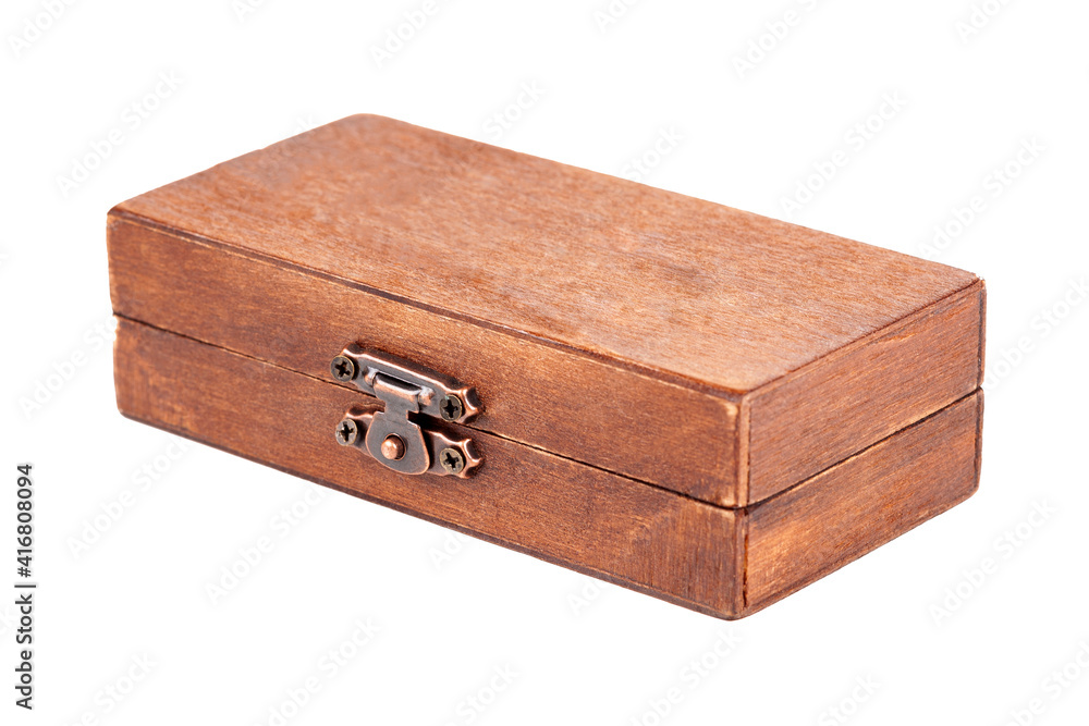 Empty blank small brown wooden box, closed latch locked container object isolated on white, cut out. Little handmade craft secret pocket decorative item box. Retro vintage stylish container mockup Empty blank small brown wooden box, closed latch locked container object isolated on white, cut out. Little handmade craft secret pocket decorative item box. Retro vintage stylish container mockup