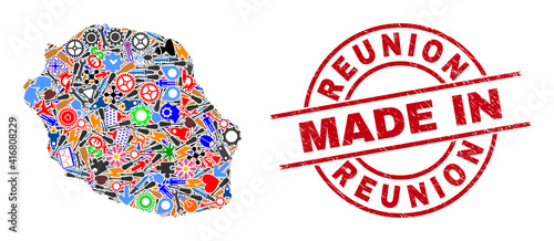 Industrial mosaic Reunion Island map and MADE IN distress stamp seal. Reunion Island map mosaic created with spanners, gear wheels, tools, aviation symbols, vehicles, electric sparks, details.