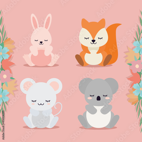 group of kids animal next to the flowers