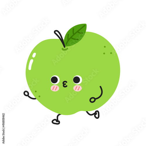Cute funny apple jogging. Vector flat line cartoon kawaii character illustration icon. Isolated on white background. Apple fruit workout character concept