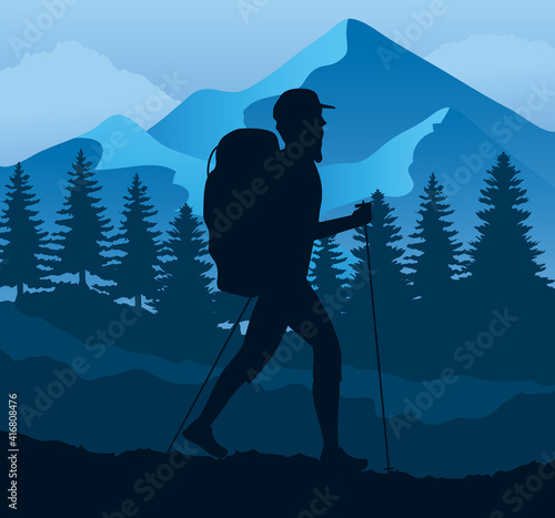 athlete practicing hike sport silhouette in the camp vector illustration design