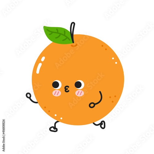 Cute funny orange jogging. Vector flat line cartoon kawaii character illustration icon. Isolated on white background. Orange fruit workout character concept