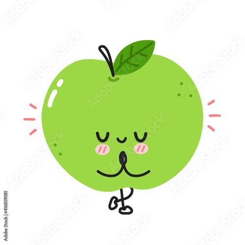 Cute funny apple meditate in yoga pose. Vector flat line cartoon kawaii character illustration icon. Isolated on white background. Apple fruit workout character concept