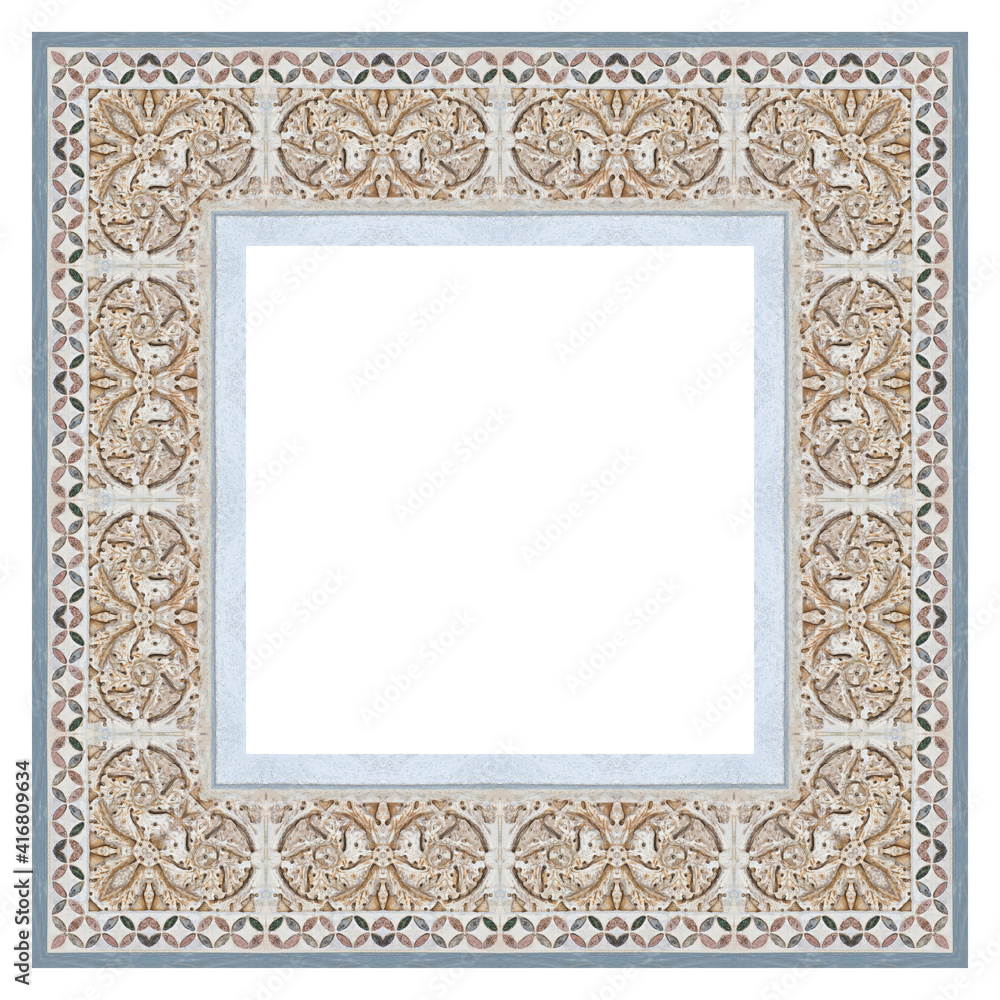Old carved stone frame, on white background for easy selection, taken from the medieval frieze of the facade of Pisa Cathedral  (Italy - Tuscany - Pisa city)