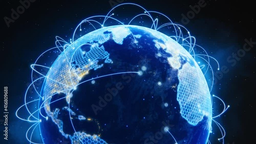 3D Graphics Concept: Spinning Earth Seen from Space Virtual Digitalization Network Covering Planet, Sharing Rays of Information Between Cities. Global Data Grid Connecting the Whole World. Zoom out photo