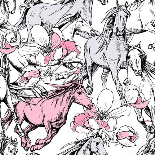Seamless wallpaper floral pattern. The running beautiful horses and pink cherry flowers. Textile composition, hand drawn style print. Vector illustration.