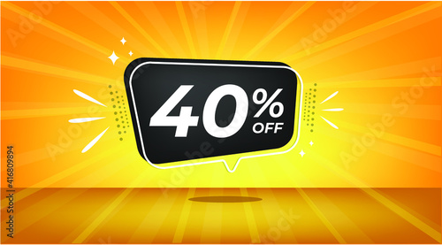 40% off. Yellow banner with forty percent discount on a black balloon for mega big sales.