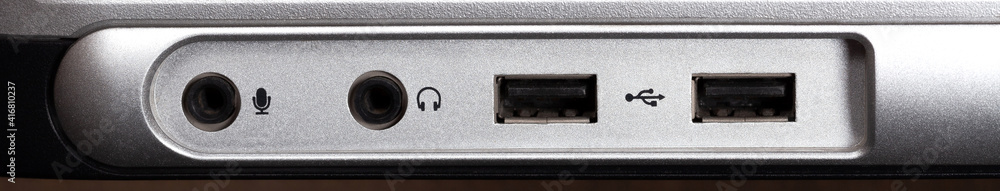 PC, computer USB and mic audio input output ports macro, extreme ...