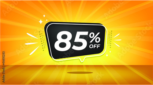 85% off. Yellow banner with eighty-five percent discount on a black balloon for mega big sales.