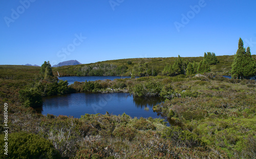Reflection over two turquoise water ponds surrounded by green grassland and trees against a background of steep rocky mountain summits, The Overland Track, Tasmania, Australia