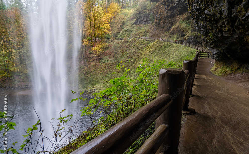 South Falls and the trail that goes under the falls at Silver Falls State Park near Silverton Oregon. South Falls and the trail that goes under the falls at Silver Falls State Park near Silverton Oregon.