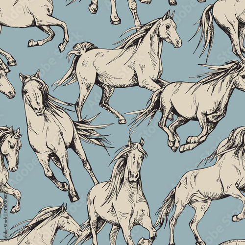 Seamless wallpaper pattern. The running beautiful beige horses on a blue background. Textile composition, hand drawn style print. Vector illustration.