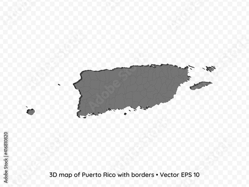 3D map of Puerto Rico with borders isolated on transparent background, vector eps illustration