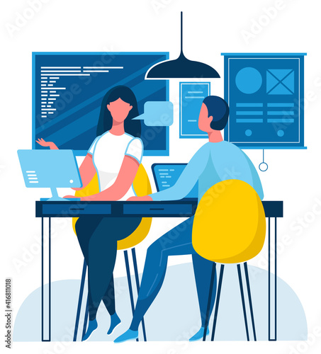 Man and woman programming. Flat design illustration. Vector