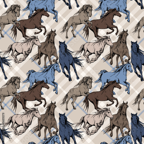 Seamless wallpaper pattern. The running beautiful brown and blue horses on a checkered background. Textile composition, hand drawn style print. Vector illustration.